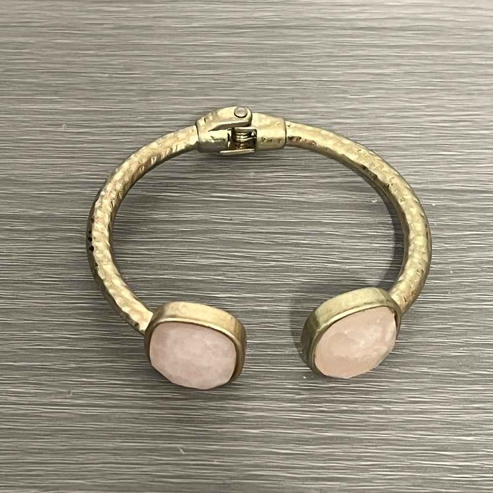 Vintage Gold Hinged Bangle Bracelet with Light Pink Gemstones, Boho - Picture 4 of 8